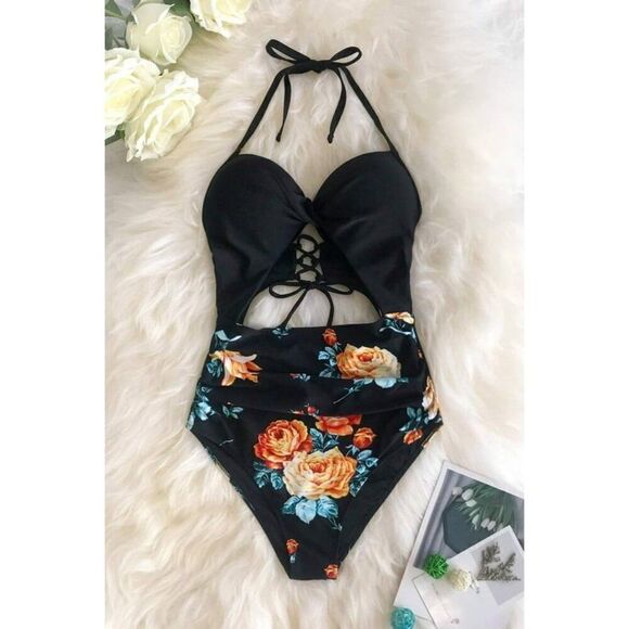 NWT Cupshe Black Floral Print Halter One Piece Vacation Swimsuit Size Small - Picture 15 of 16